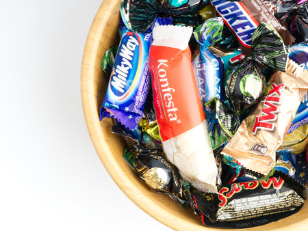 Moscow, Russia-October 16, 2022: Different candies in a closeup package. View from above. Space for textのeditorial素材