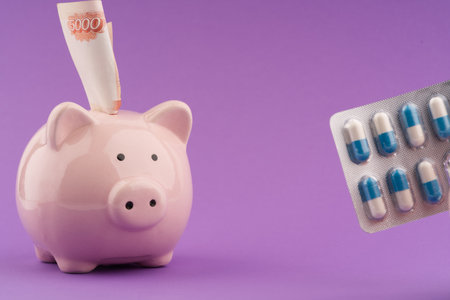 A piggy bank with money and pills. The concept does not have enough money for treatment. Space for textの写真素材