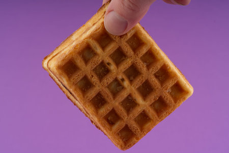 Hand holding a waffle in your hand. Closeup