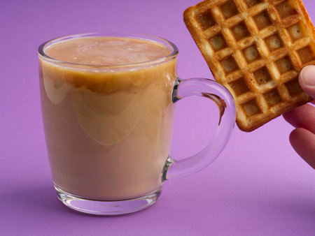 Coffee with milk and a sweet waffle in a hand. Closeupの写真素材