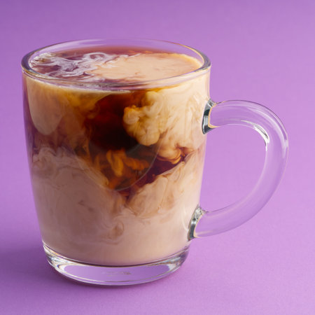 Transparent cup of coffee with cream forming a beautiful patternの写真素材
