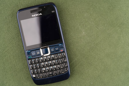 Moscow, Russia-September 16, 2022: An old Nokia E63 push-button phone with a qwerty closeup keyboardのeditorial素材