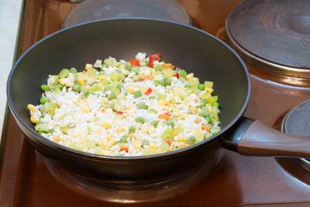 Hawaiian mixture in a frying pan . Rice and vegetablesの写真素材