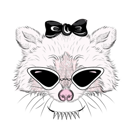 Raccoon in sunglasses and with a bow. Vector illustration for greeting card, poster, or print on clothes.のイラスト素材
