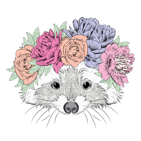 Raccoon in a wreath. Print. Flowers.のイラスト素材