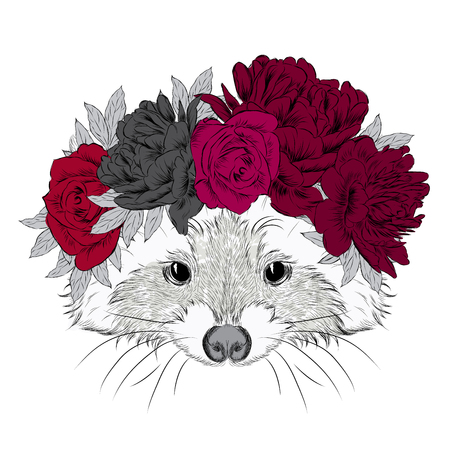 Raccoon in a wreath. Print. Flowers.のイラスト素材