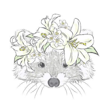 Cute raccoon in a flower wreath. Vector illustration.のイラスト素材