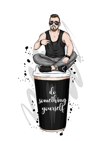 Handsome guy in stylish clothes. Hipster. Vector illustration. A large glass of coffee. Vector illustration for greeting card or poster, print on clothes. Fashion and style, clothing and accessories.のイラスト素材