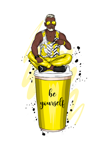 Handsome guy in stylish clothes. Hipster. Vector illustration. A large glass of coffee. Vector illustration for greeting card or poster, print on clothes. Fashion and style, clothing and accessories.のイラスト素材