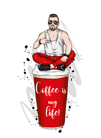 Handsome guy in stylish clothes. Hipster. Vector illustration. A large glass of coffee. Vector illustration for greeting card or poster, print on clothes. Fashion and style, clothing and accessories.のイラスト素材
