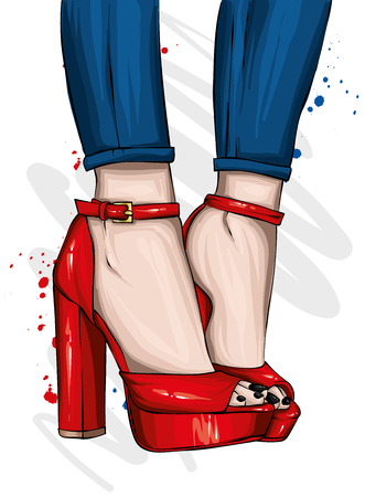 Long slender legs in tight trousers and high-heeled shoes. Fashion, style, clothing and accessories. Vector illustration. Stylish girl.のイラスト素材
