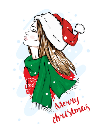 Young beautiful girl in Santa Claus hat. New Year's and Christmas. Fashion, style, clothing and accessories.のイラスト素材