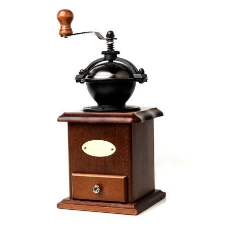old wooden coffee mill isolated on white background.の写真素材