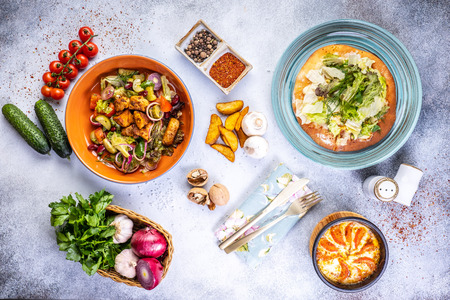 delicious healthy food salads menu concept for restaurant top view.の写真素材