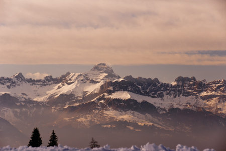 Rocky Mountains at sunset. French Alps. Chamonix.