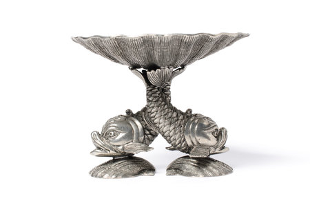 Retro tray with fish isolated on whiteの写真素材