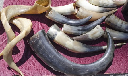 wine horns at  street market, animal hornsの写真素材