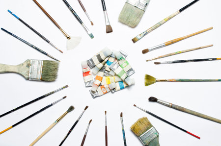 tubes of paint and brushesの写真素材
