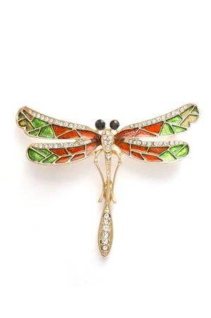 enamel brooch with golden dragonfly with diamonds isolated on whiteの写真素材