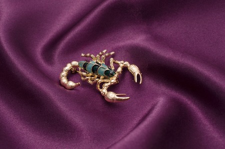 Brooch gold scorpion on red silkの写真素材