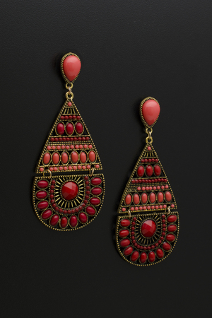 earrings in Boho style with coral beads isolated on blackの写真素材
