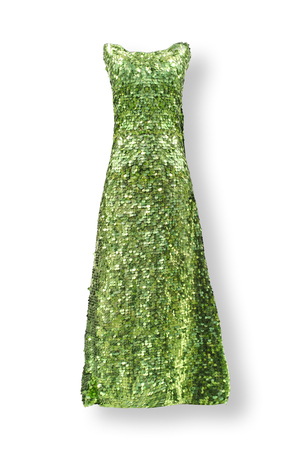 green long dress with paillettes isolated on whiteの写真素材