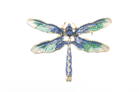 dragonfly enamel brooch isolated on whiteの写真素材