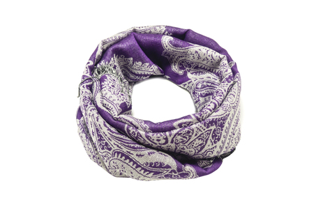 purple women's scarf with pattern isolated on whiteの写真素材