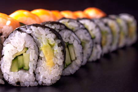 Japanese Sushi Rolls set with cream cheese, yin yang and salmon