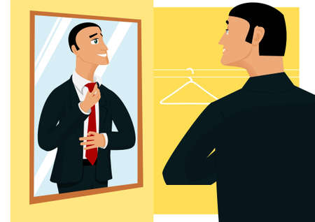 Smiling businessman prepearing for new working day in front of mirrorのイラスト素材