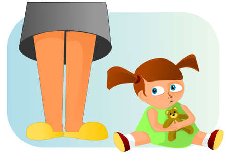 Little resentful girl sitting in front of motherのイラスト素材