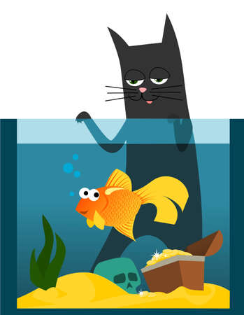 Black cat watching goldfish in aquariumのイラスト素材