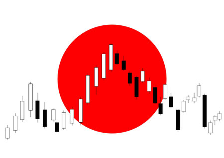 Candlestick chart with Japanese flag in backgroundのイラスト素材