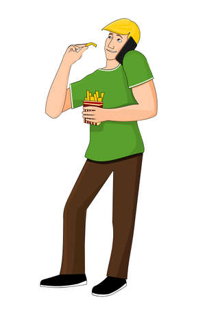 Young man eating while talking on the phoneのイラスト素材