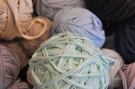 Blue and other color cotton skeins for handycraftの写真素材