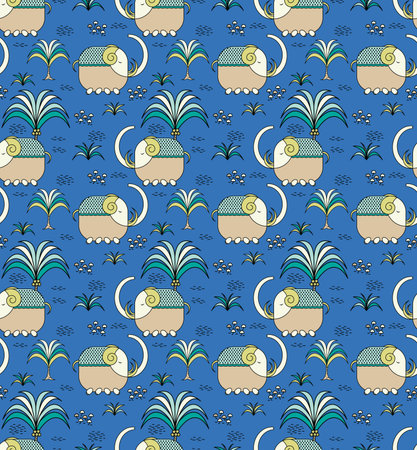 Vector elephants with nature seamless pattern background, Blue backgroundのイラスト素材