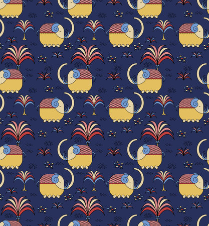 Vector elephants with nature seamless pattern background, purple backgroundのイラスト素材