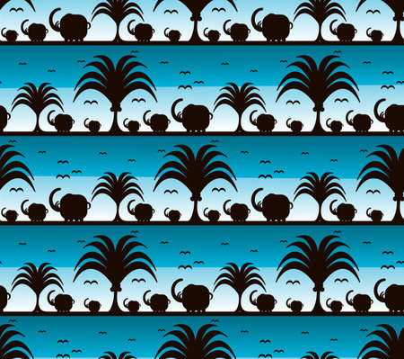 Elephants and birds, Elephants silhouette pattern.のイラスト素材