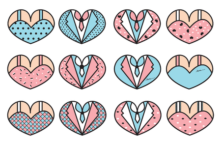 Wedding vector six set, Couple heart, White backgroundのイラスト素材