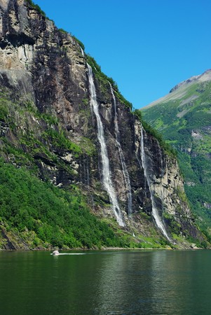 Mountain river with waterfalls in Norway, Geirangerの写真素材