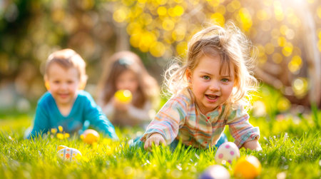 Ð¡hildren having fun with colorful easter eggs outdoors on beautiful spring dayの素材