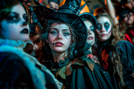 Group of people in costumes and makeup for Halloween party. Selective focus.の素材
