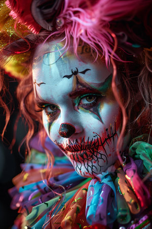 Close-up portrait of a scary clown with bright make-upの素材