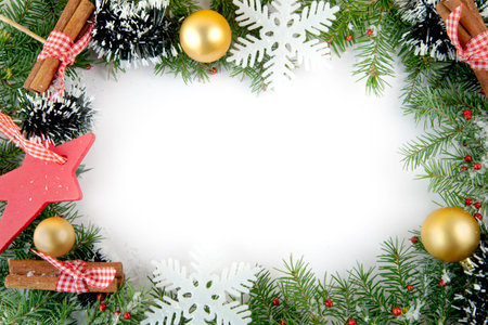 Christmas decoration on white background with copy space for your greetingsの写真素材