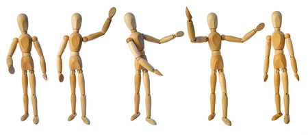 Set of wooden mannequins (gestalt) for drawing in different poses isolated on a white backgroundの写真素材
