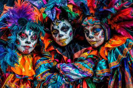 Three people with their faces painted like skulls, wearing elaborate costumes with bright colors and feathers.の素材