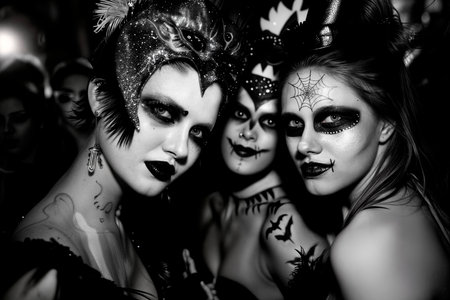 Young women in carnival costumes with skull make-up and creative hairstyle on black backgroundの素材