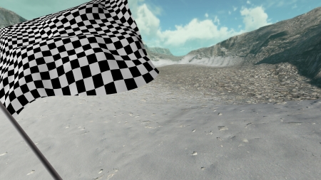 Large Checkered Flag with fabric surface texture with landscape backgroundの写真素材
