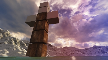 Wooden cross in water   made in 3d softwareの写真素材