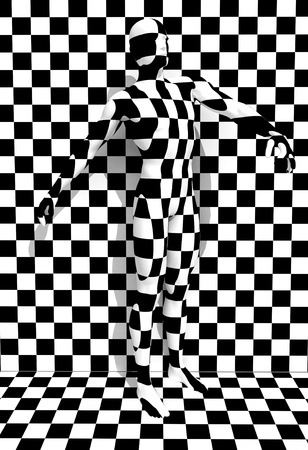 checkered man on the checkered wallの写真素材